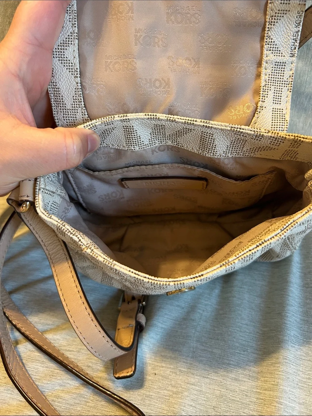 Michael Kors Cream and Tan MK Logo Crossbody Bag
